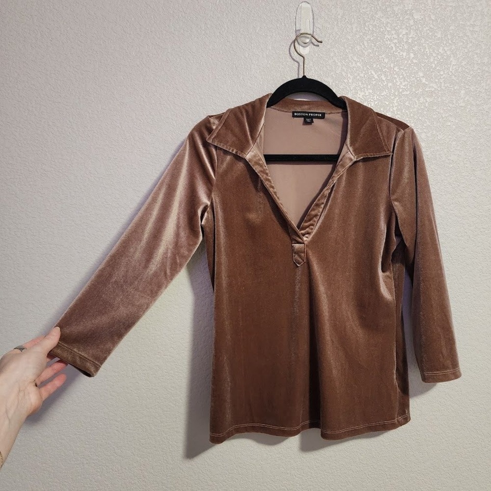 BOSTON PROPER Velvet Polo Collared Knit Top V-Neck 3/4 Sleeve Blouse Brown S - Picture 4 of 6
